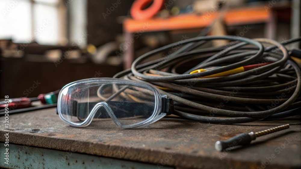 Poster medium closeup of safety goggles resting on a workbench next to a tangle of highstrength cables emph