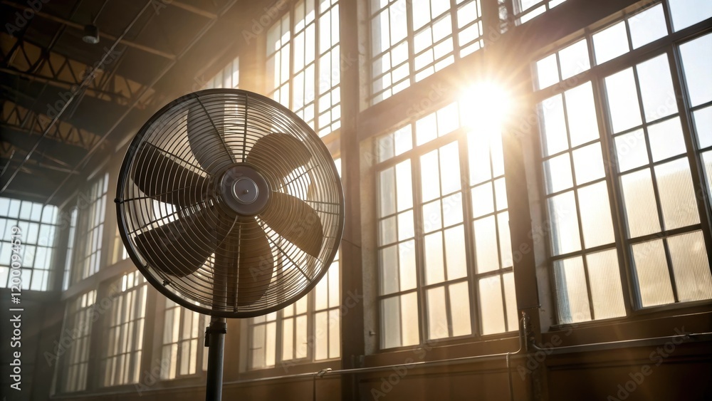 Poster medium closeup of sunlight streaming through large factory windows onto a newly installed energyeffi