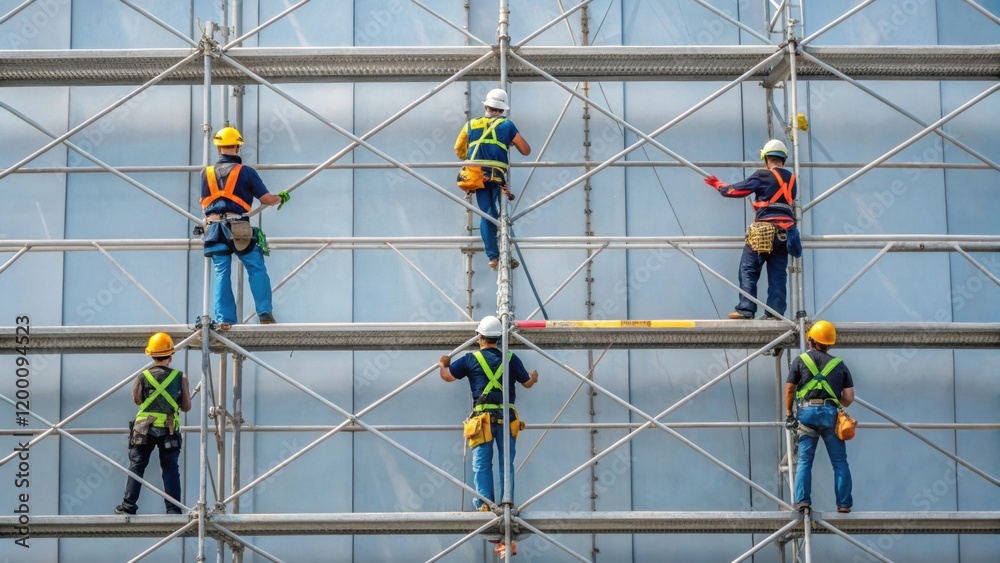 Poster Medium closeup of scaffolding where multiple workers are collaborating showcasing teamwork in the construction of a large cooling tower while safety harnesses are visually