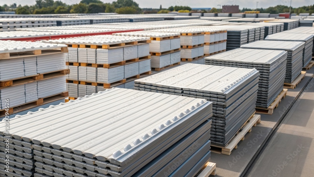 Poster medium closeup of stacks of prefabricated components such as roofing panels and flooring sections ne