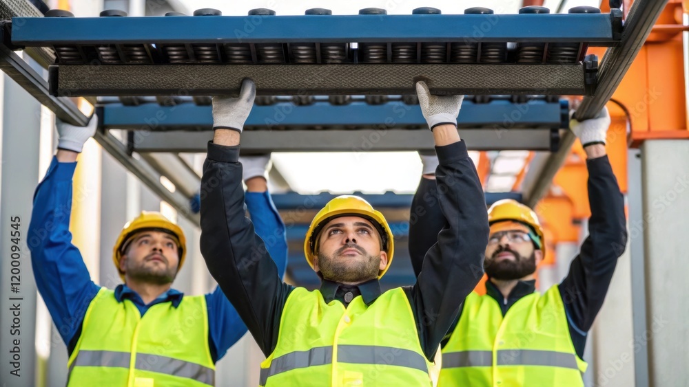 Aufkleber Medium closeup of technicians wearing safety gear collaboratively lifting and aligning a section of conveyor belt onto a supporting framework emphasizing teamwork and safety