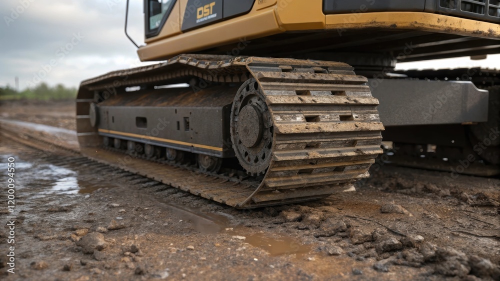 Poster Medium closeup of the base of the pile driver featuring heavyduty tracks and a muddy ground emphasizing the machines stability and rugged functionality.