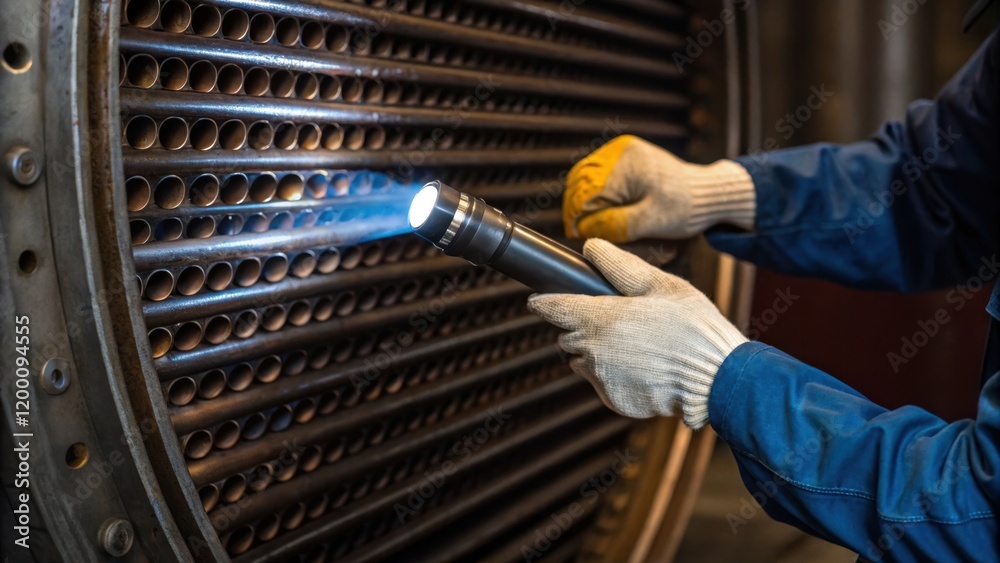 Poster Medium Closeup of Technicians Hands A technicians hands clad in gloves meticulously inspecting the tube bundle of a large heat exchanger using a flashlight to check for signs of