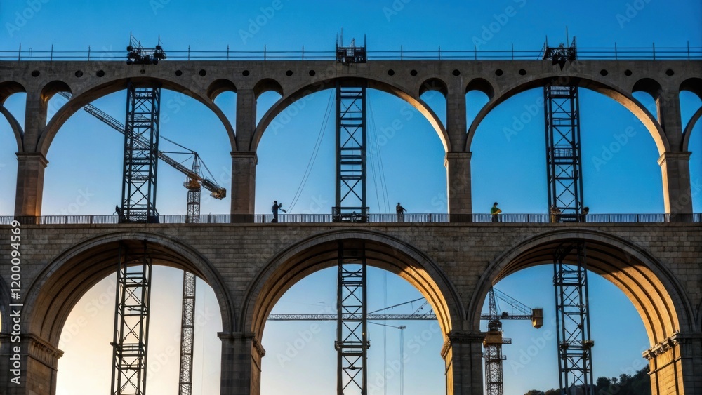 Poster medium closeup of the bridges arches taking shape against the blue sky with cranes and construction 
