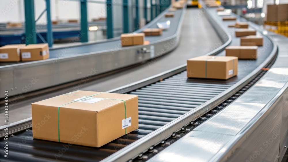 Aufkleber Medium closeup of the conveyor belt in motion with packages being transported smoothly along the surface capturing the functionality and efficiency of the system.