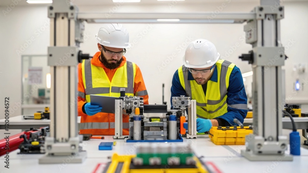 Aufkleber Medium closeup of technicians in safety gear assembling automation equipment surrounded by tools and machinery in a welllit workspace.