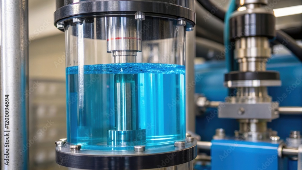 Aufkleber medium closeup of the hydraulic fluid reservoir with transparent sections showing the bright blue fl