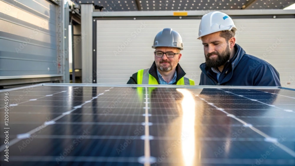 Poster Medium closeup of technicians examining a solar panel reflecting sunlight and showcasing its sleek design as they discuss its integration into the modular power station.