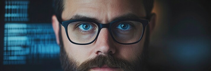 a man with glasses and a beard, looking at the camera, glowing computer code on blur background