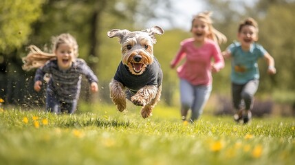 Fototapeta premium Happy children and dog running in park.