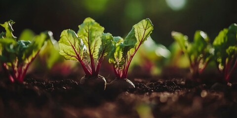 beets with leaves growing in the ground