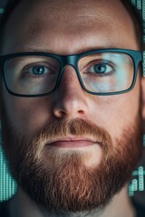 a man with glasses and a beard, looking at the camera, glowing computer code on blur background