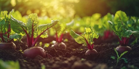 beets with leaves growing in the ground