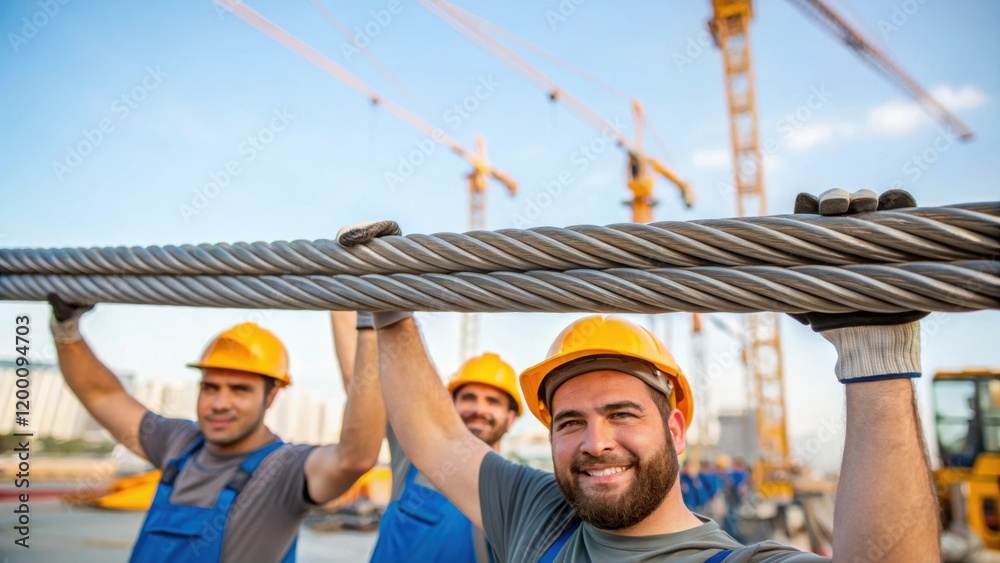 Poster medium closeup of workers collaborating to lift and position a newly assembled section of steel cabl
