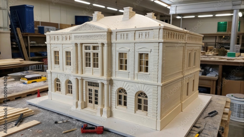 Poster Medium closeup perspective of a large 3Dprinted architectural model revealing detailed features such as windows and structural elements surrounded by tools and materials used for