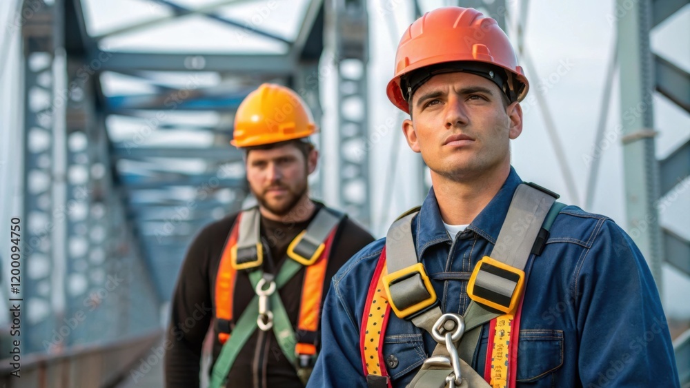 Poster Medium closeup of workers securing safety harnesses and helmets their determined expressions conveying the commitment to safety and teamwork before ascending the bridge structure.