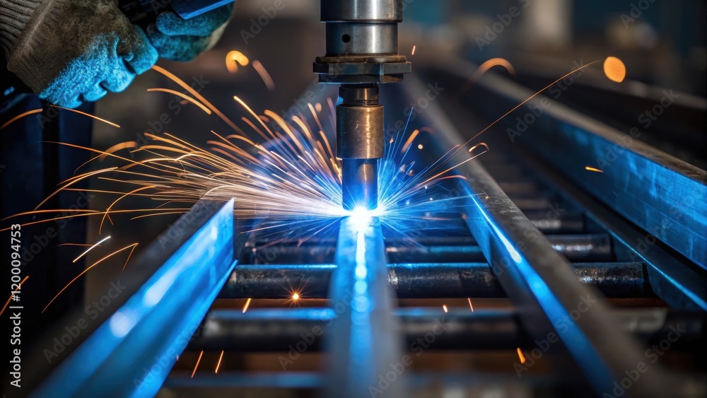 Poster medium closeup of welding process blue sparks fly from a welding torch as a worker joins steel compo