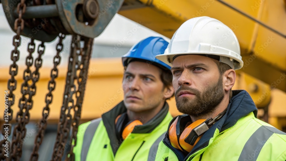 Poster medium closeup of workers in safety gear inspecting a cranes rigging their expressions serious as th