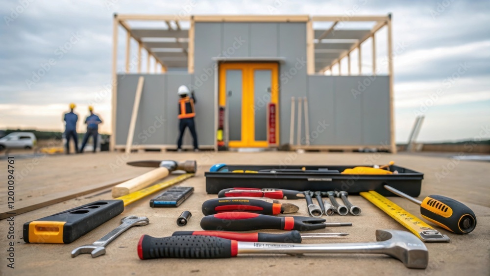 Aufkleber Medium closeup showing a wide array of construction tools laid out on the ground with a partially constructed modular unit rising in the background.