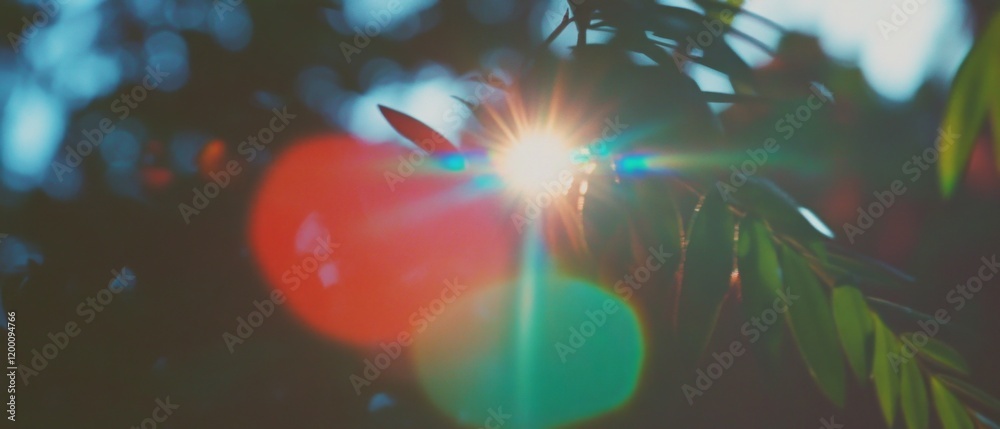 Poster Sunlight filtering through leaves creating a vibrant lens flare in a tranquil forest setting