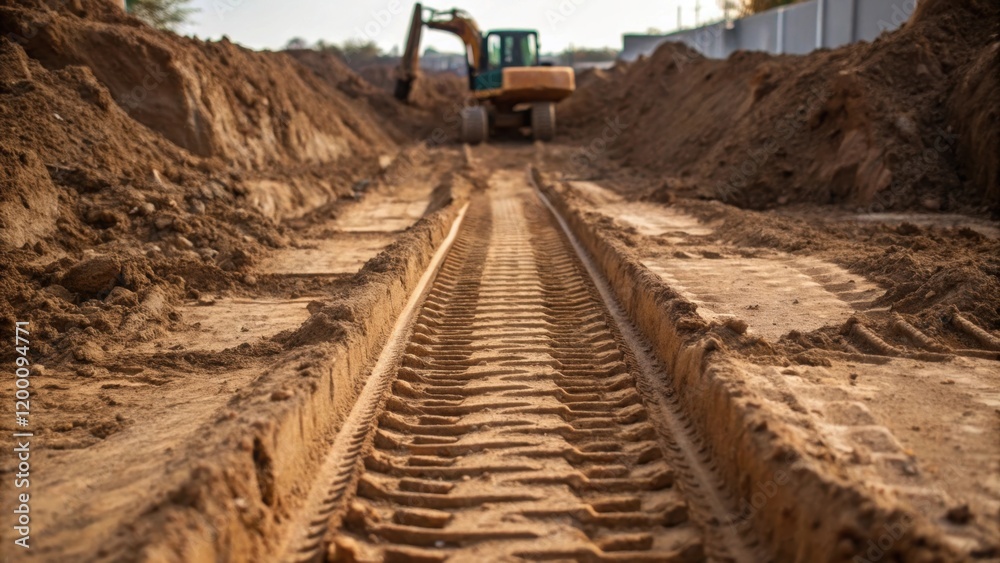 Poster Muddy tracks of the excavator are imprinted on the ground leading from the pile of excavated soil to the developing foundation hole highlighting the movement and progress.