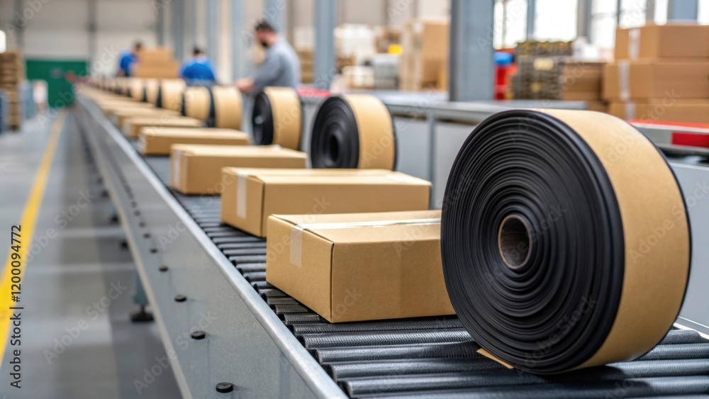 Aufkleber packaging process a medium closeup showing industrial belts being rolled and packed into boxes ready