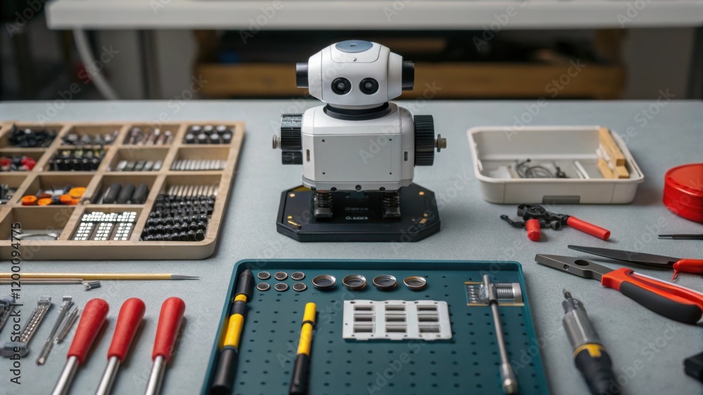 Poster Medium closeup showing the assembly of a robotic component on a workbench with various tools and spare parts organized for a quick repair.