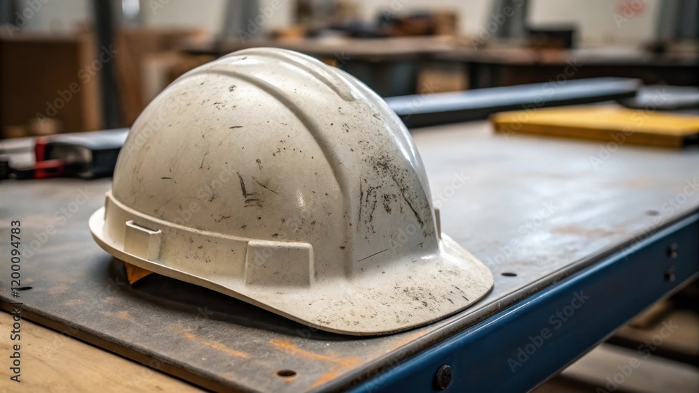 Poster Personal Equipment A closeup of a workers helmet resting on a workbench displaying scuff marks and a unique design indicative of frequent use.