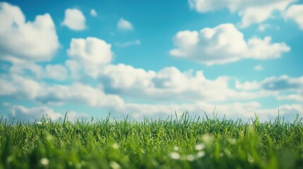 Fototapeta premium Vibrant green grass under a bright, cloudy sky.