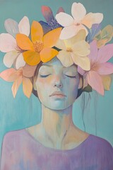 Oil painting of a woman with pastel-colored flowers around her head, surreal and dreamy.