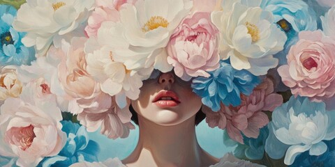 Oil painting of a woman with pastel-colored flowers around her head, surreal and dreamy.