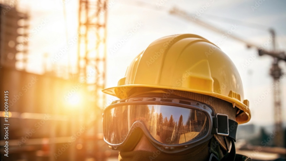 Poster safety gear focus a closeup of a workers helmet and goggles reflecting the bright sunlight and surro