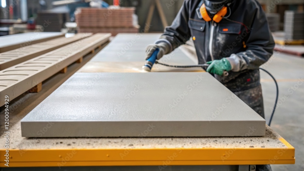 Poster surface treatment application a worker applying a surface treatment to a precast concrete panel illu