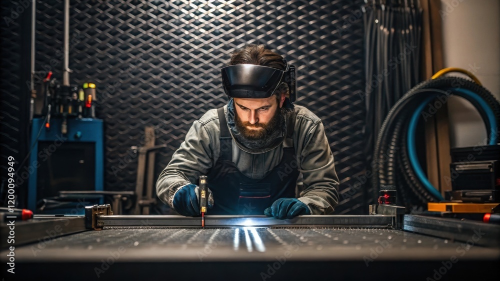 Aufkleber The focused expression of a technician as they perform adjustments on a plasma ting machine surrounded by tools and metallic textures common in workshops.