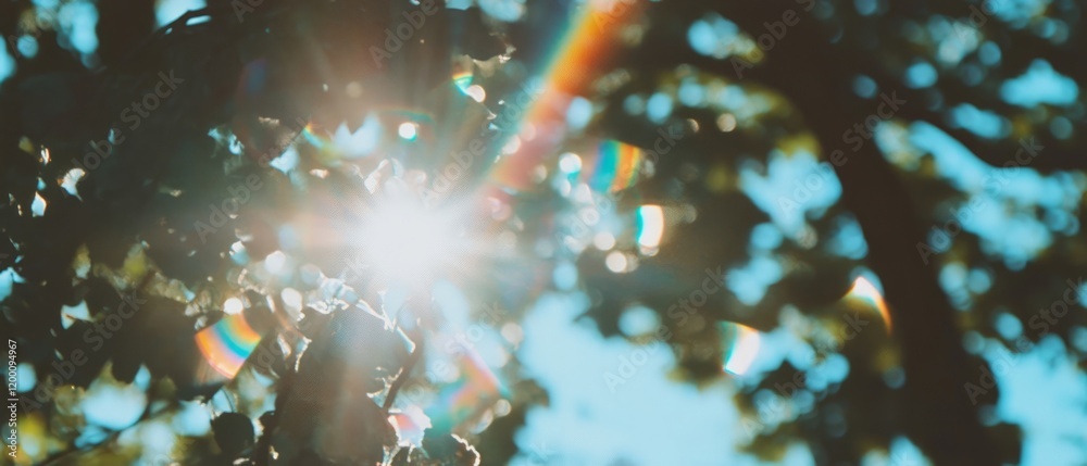 Poster Creating vibrant light compositions with lens flare in a natural setting under bright sunlight