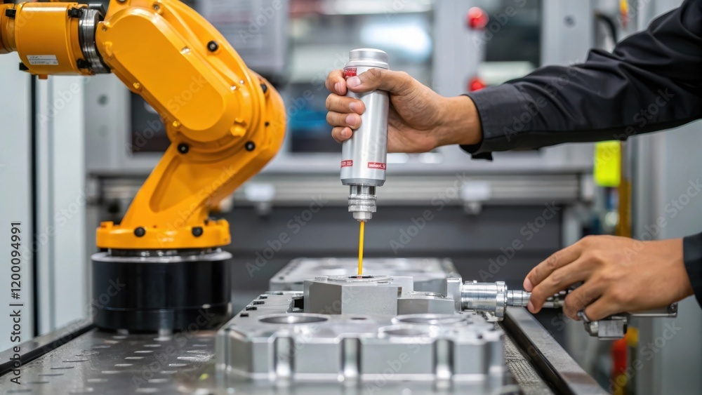 Poster The hands of a worker applying lubricant to a moving part of a robotic arm with an emphasis on the precision needed to maintain seamless operation in a fastpaced environment.