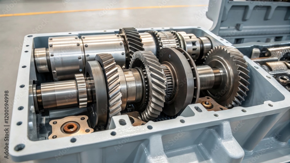 Poster the inner workings of the turbines gearbox in a medium closeup revealing polished gears and oil rese