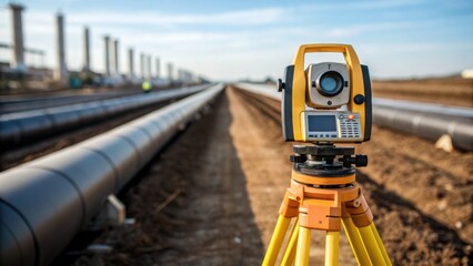 Surveying the Land A medium closeup of an engineer using a total station to survey the pipeline route with long pipes in the background showcasing the planning aspect of the
