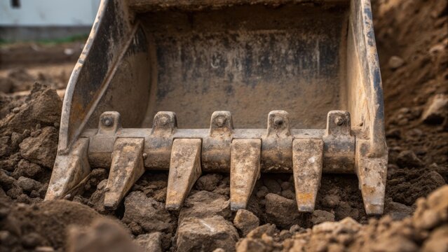 The finely detailed teeth of the excavator bucket are visible revealing wear and tear from constant use in abrasive conditions surrounded by clumps of soil.