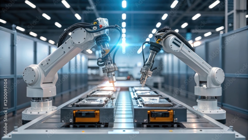 Poster Two industrial robots working in tandem one soldering while the other feeds electronic components into the assembly line displaying synchronized precision.