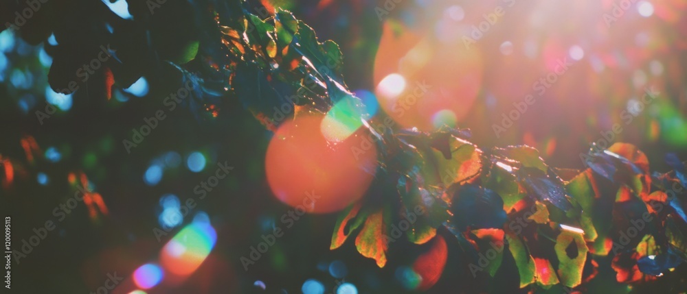 Aufkleber beautiful lens flare effects illuminated by sunlight on dark foliage creating a mesmerizing contrast