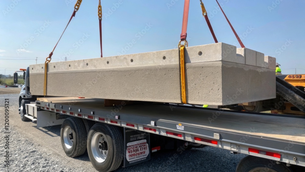 Poster transporting precast pieces a closeup of a precast concrete piece being loaded onto a flatbed truck 
