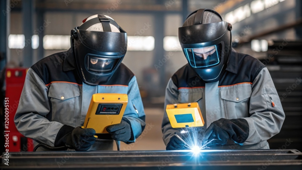 Poster Two workers in protective gear collaborating closely one observing the welding arc while the other checks alignment with laser tools showcasing teamwork in precision tasks.
