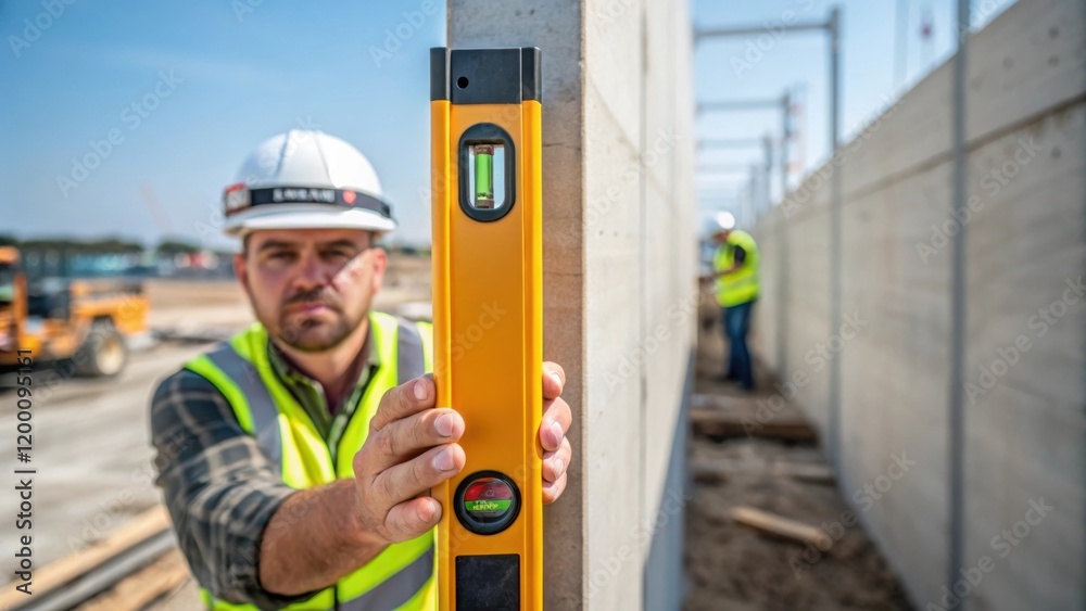 Poster Vertical Alignment Check A medium closeup of a surveyor using a level to ensure the vertical alignment of a newly installed precast wall highlighting precision in the construction