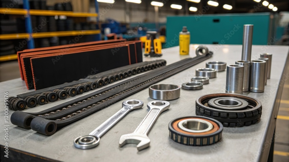 Aufkleber workbench cluttered with tools and replacement parts for conveyor maintenance including wrenches bea