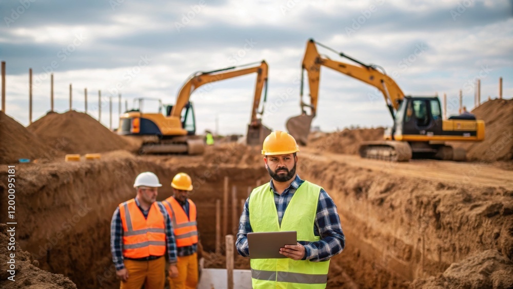 Poster Workers collaborate around an excavation site with heavy machinery in the background digging deep foundations for the substation illustrating the dynamic environment of