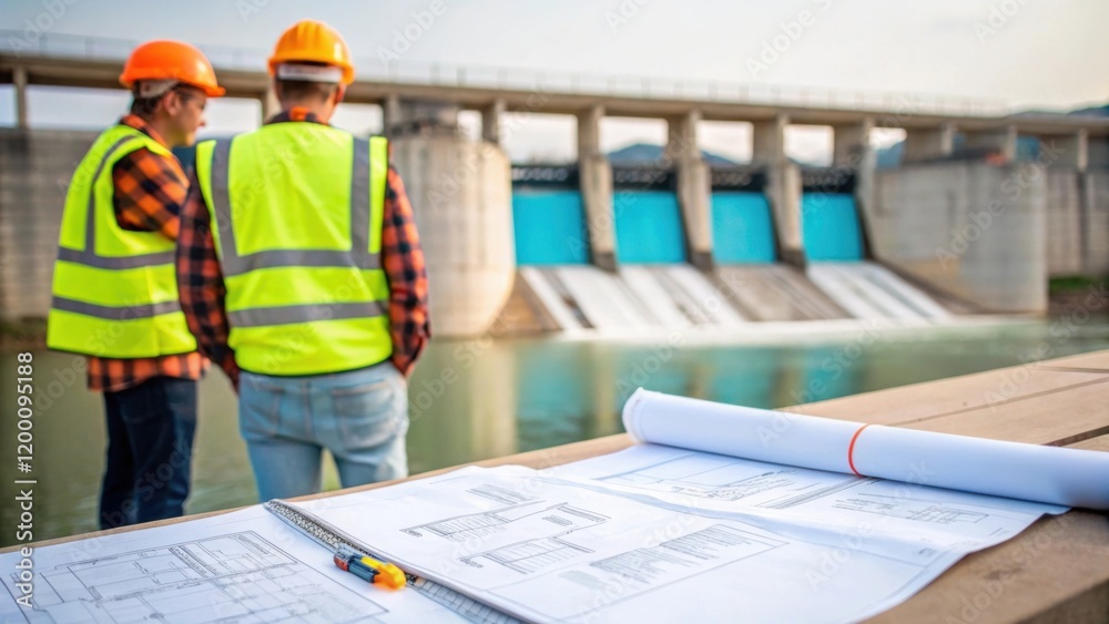 Poster workers in bright vests conduct a safety brief beside the dam with blueprint plans spread out on a t