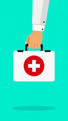 hand in a white coat holding a medical first aid kit