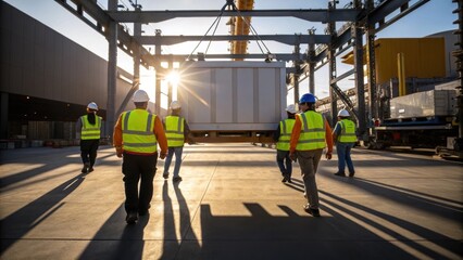 Workers in hard hats and safety vests collaborating as they maneuver a large module into position with sunlight casting dynamic shadows on the ground.