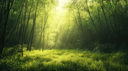 Fototapeta premium Sunbeams pierce a lush green forest.